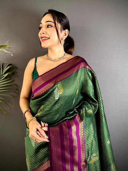 Green Golden Chex Katan Silk Pattu Saree