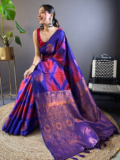 Rose Red Tussar Silk Ikkat Weaving Pattu Saree