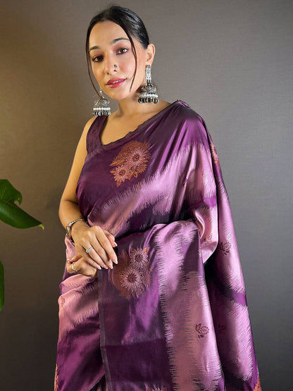 Lavender Tussar Silk Ikkat Weaving Pattu Saree