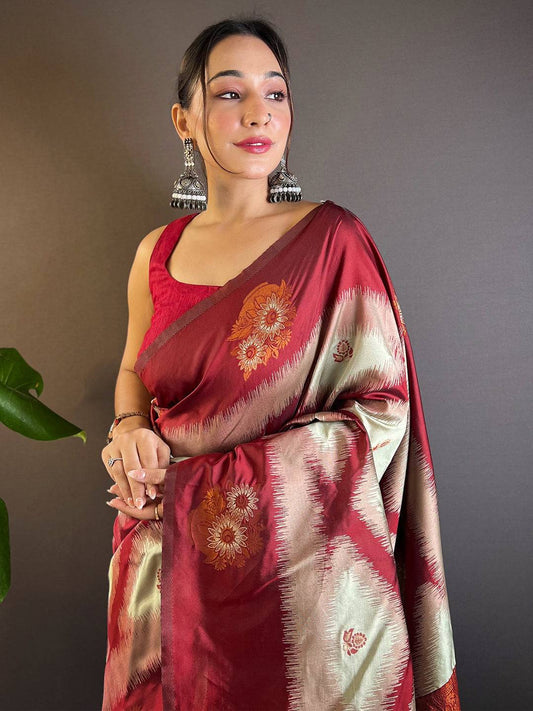 Maroon Tussar Silk Ikkat Weaving Pattu Saree