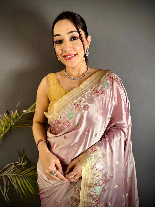 Blush Pink Satin Silk Zari Weave Pattu Saree