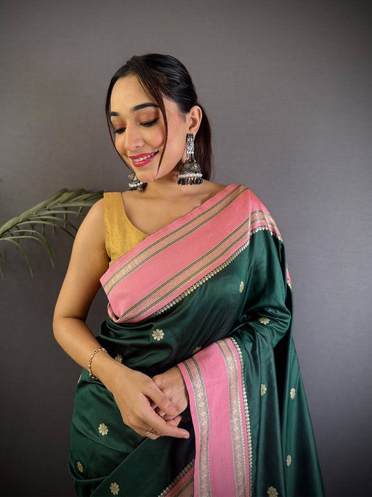 Bottle Green Soft Silk Floral Butta Pattu Saree