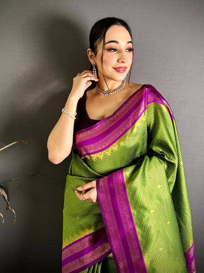 Lime Green Banarasi Katan Silk Gadwal Zari Pattu Saree