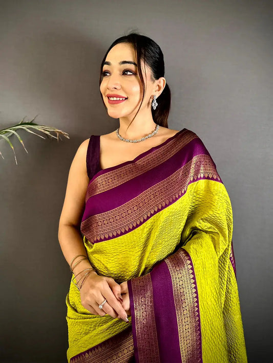 Lime Banarasi Katan Pattu Silk Saree
