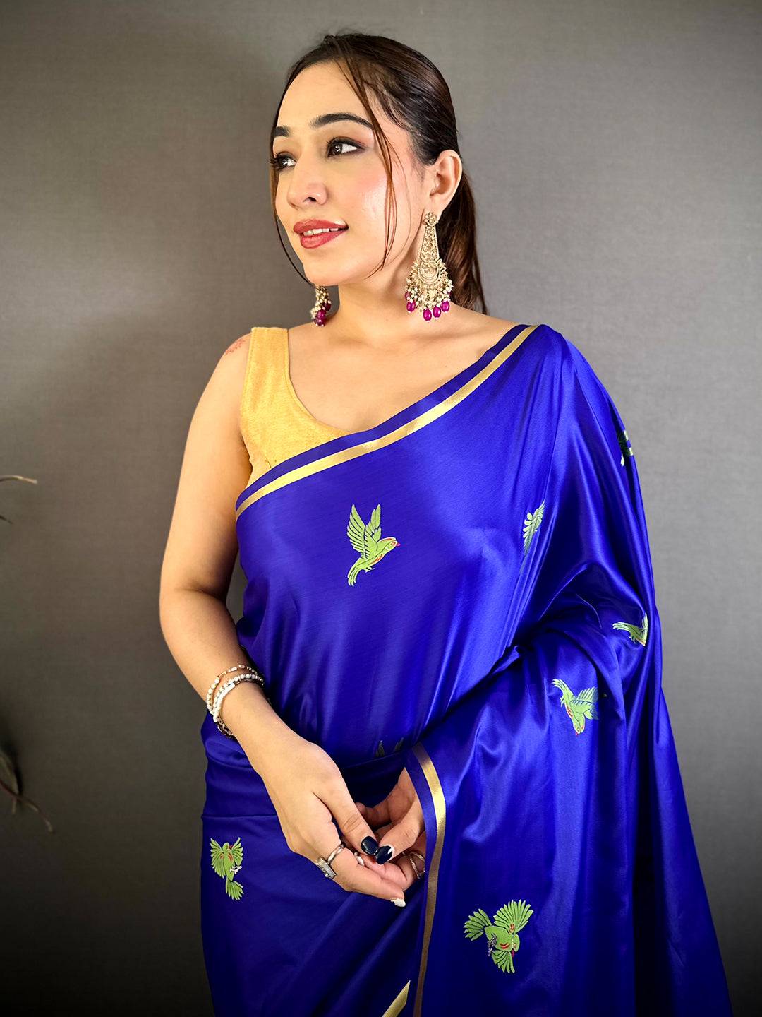 Soft Cherry Satin Minakari Bird Zari Pattu Saree