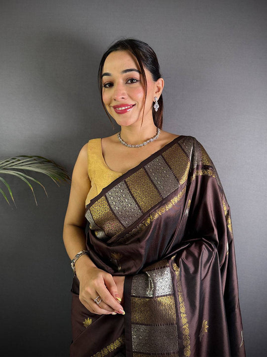 Brown Soft Silk Sona Chandi Butta Pattu Saree
