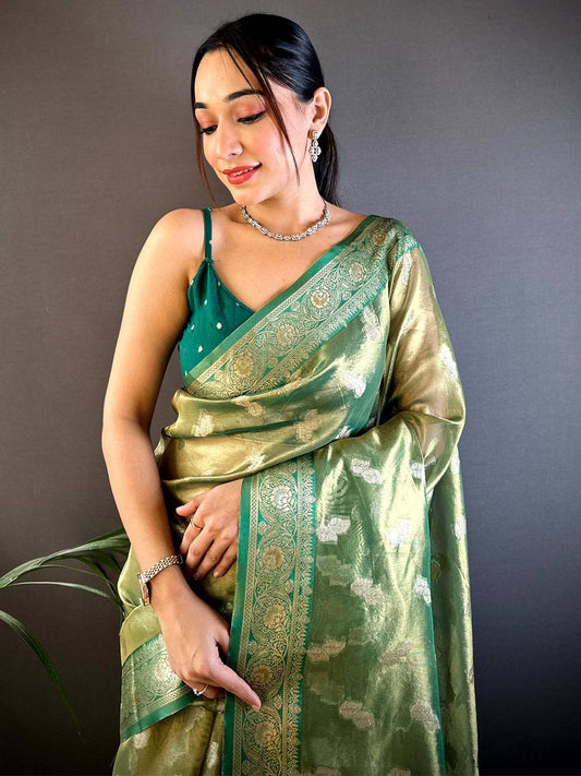 Serene Forest Green Kora Tissue Pattu Saree