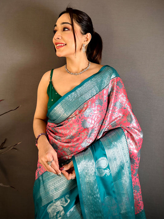 Pink Dharmavaram Double Ikkat Pattu Saree
