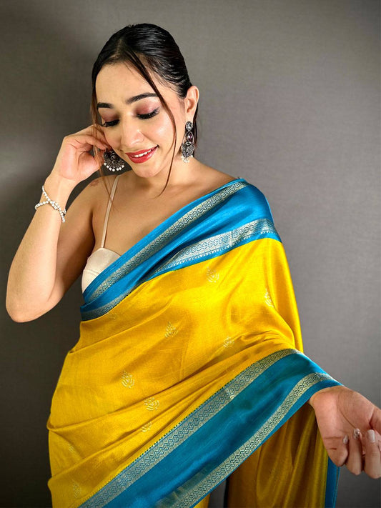 Yellow Soft Dola Block Print Pallu Pattu Saree