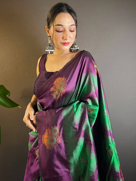 Dark Green Tussar Silk Ikkat Weaving Pattu Saree