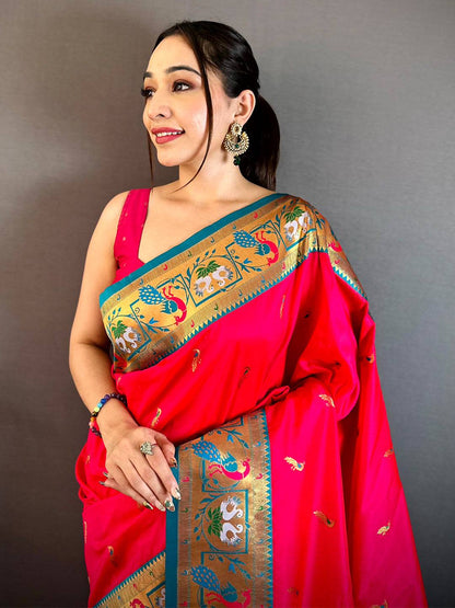 Rani Pink Minakari Tall Border Soft Silk Pattu Saree