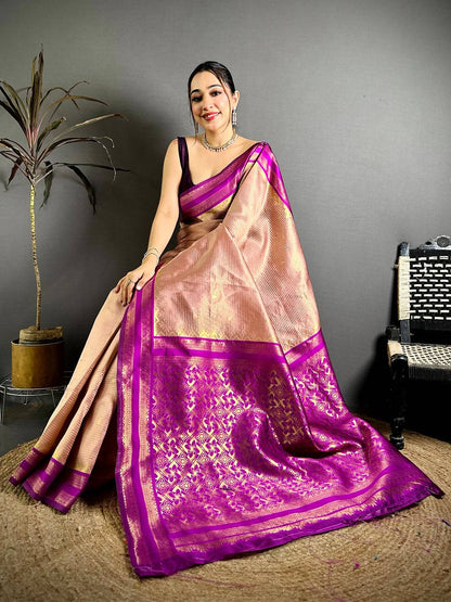Peach Banarasi Katan Silk Gadwal Zari Pattu Saree