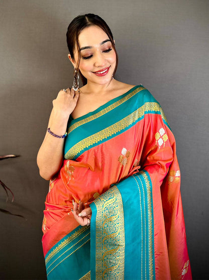Coral Soft Silk Kanchi Gadwal Pattu Saree
