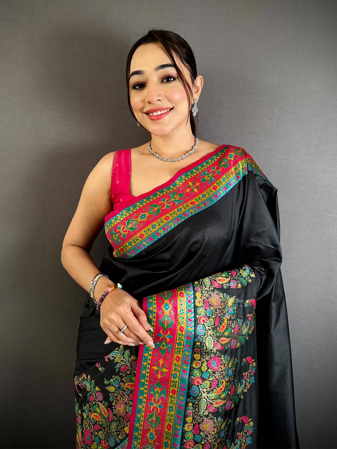 Black Kashmiri Pashmina Semi Silk Pattu Saree