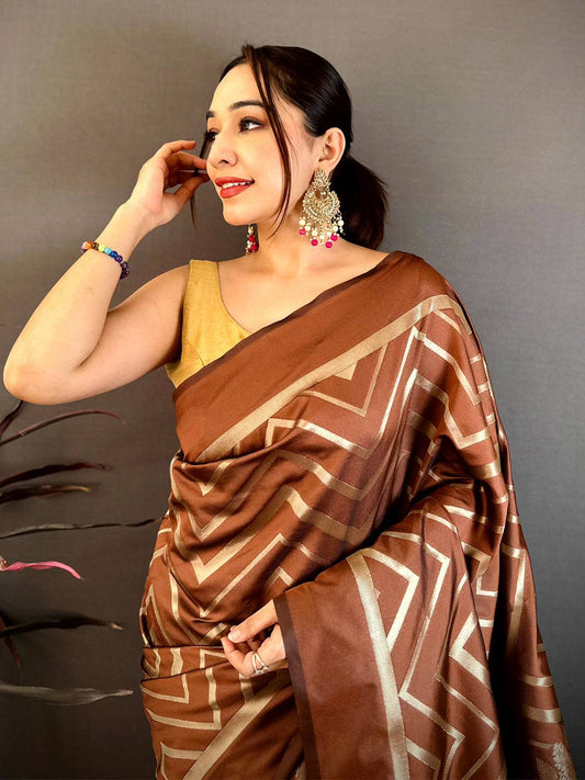 Brown Geometric Zari Weave Banarasi Pattu Saree