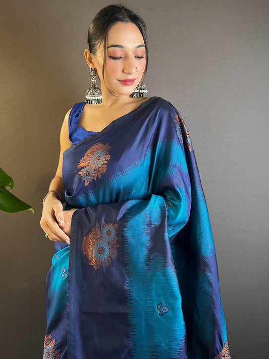 Dark Blue Tussar Silk Ikkat Weaving Pattu Saree
