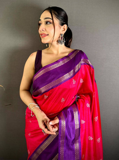 Rani Pink Soft Dola Block Print Pallu Pattu Saree