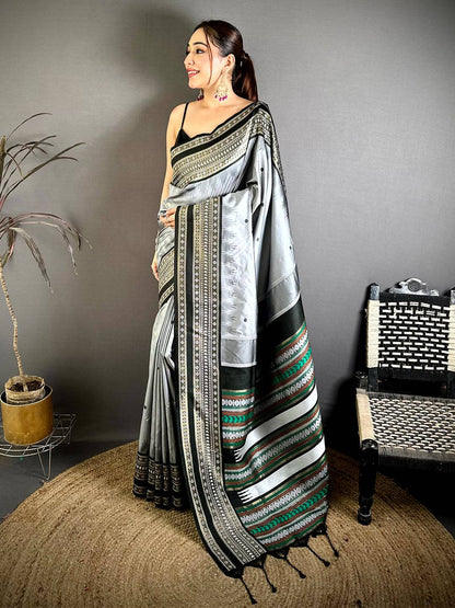 Grey Soft Silk Bomkai Zari Rich Pallu Pattu Saree