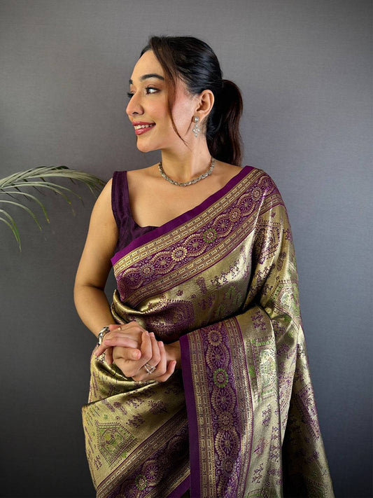 Artistry Warli Gold Zari Dharamavaram Silk Pattu Saree