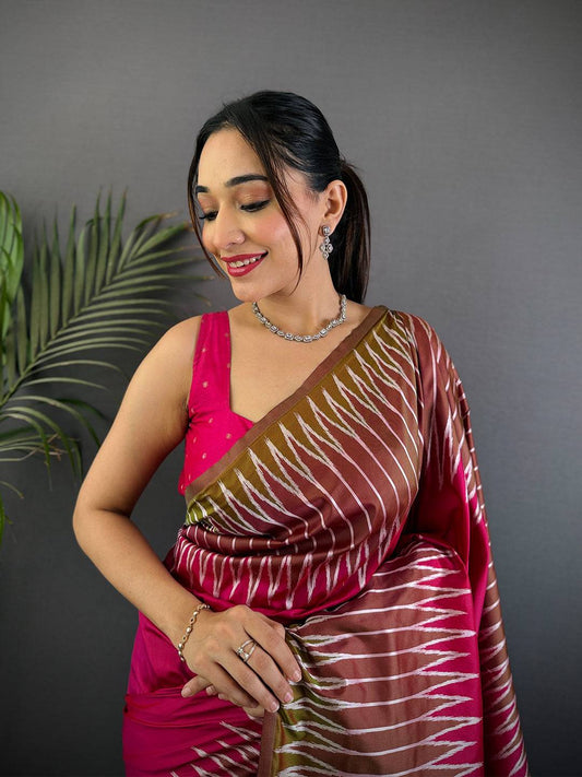 Peach Soft Silk Ikkat Zari Weaving Pattu Saree