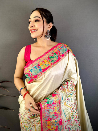 White Pashmina Weave Semi Silk Pattu Saree