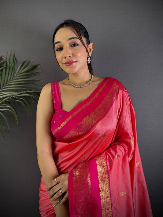 Rose Pink Satin Bentex Soft Silk Pattu Saree