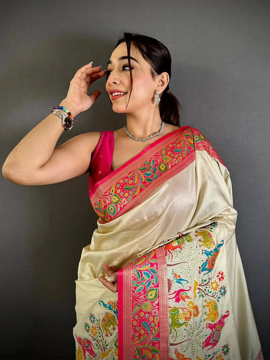 Cream Soft Semi Silk Minakari Weave Pattu Saree