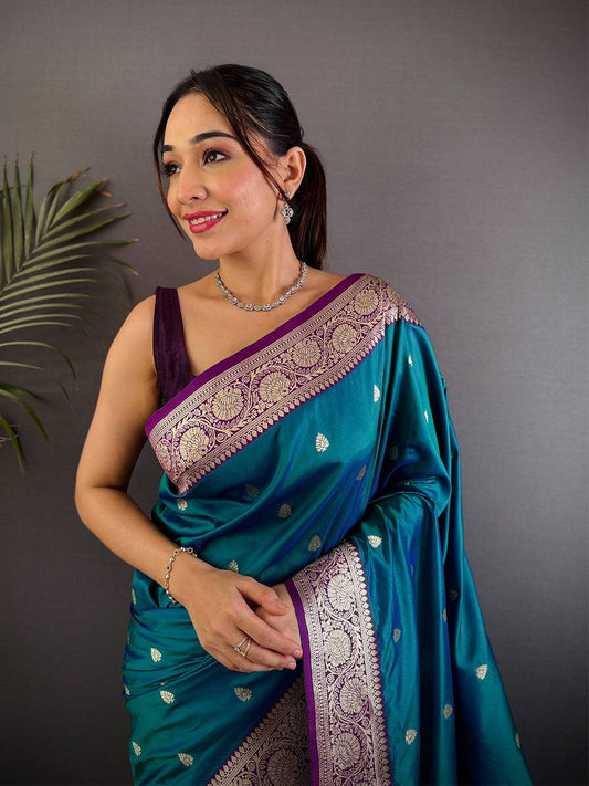 Teal Blue Soft Silk Feather Pattu Saree