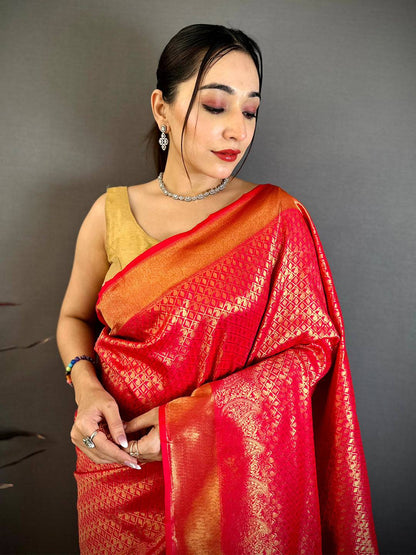 Radiant Rani Red Kanjivaram Zari Silk Pattu Saree