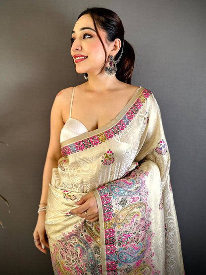 Elegant Kashmiri Jacquard Zari Weaving Pattu Saree