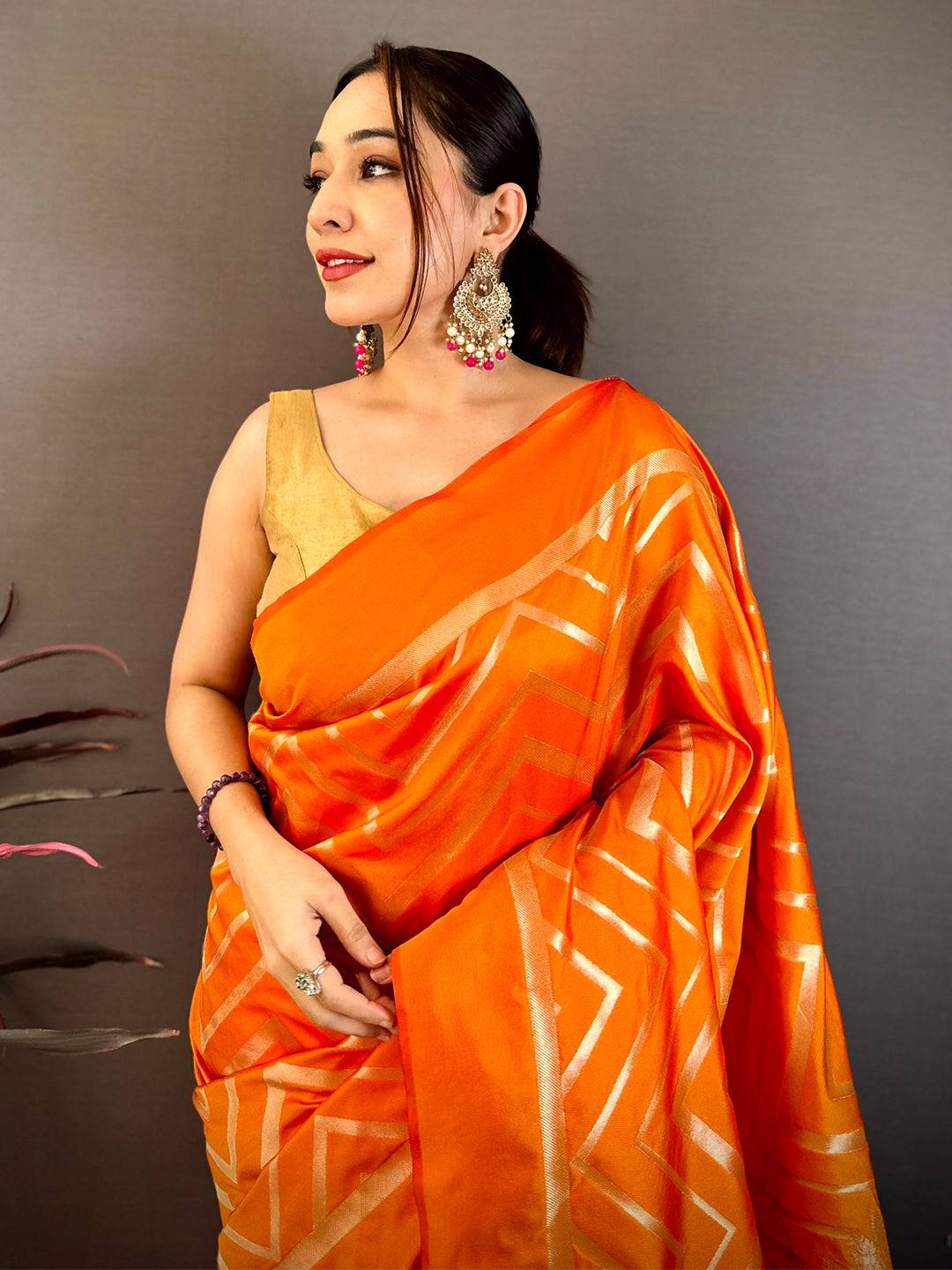 Orange Geometric Zari Weave Banarasi Pattu Saree