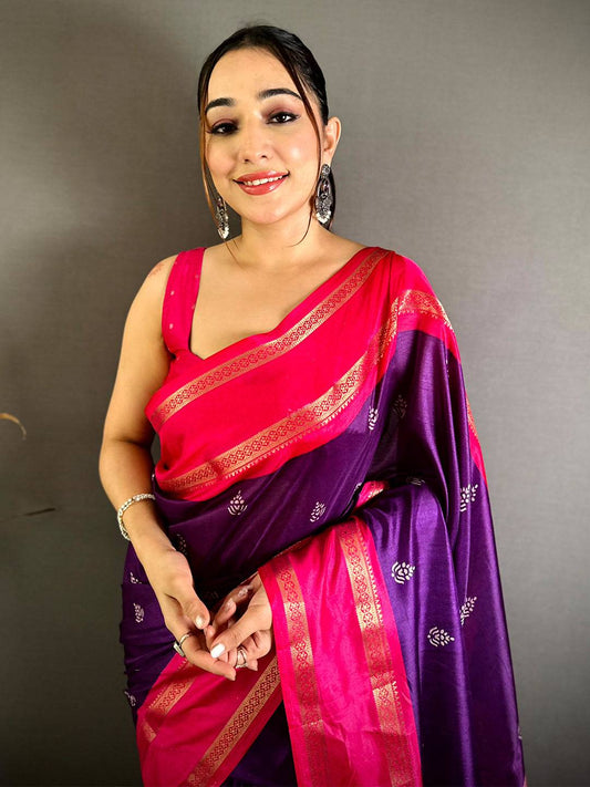 Purple Soft Dola Block Print Pallu Pattu Saree