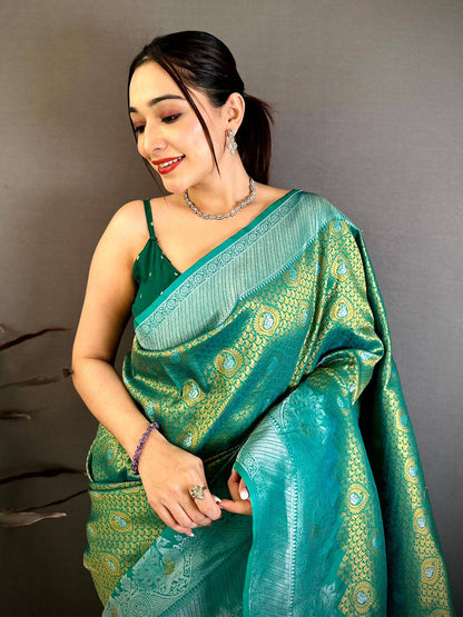 Heritage Teal Gold Zari Kanjivaram Pattu Saree
