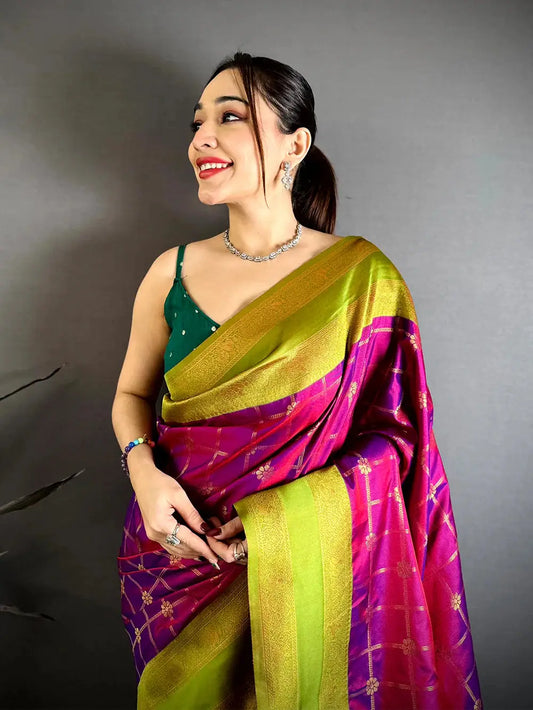 Magenta Check Weave Gadwal Pattu Saree