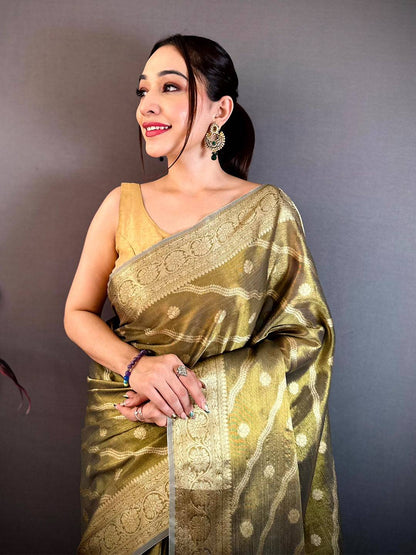 Olive Glass Crush Tissue Leheriya Pattu Saree