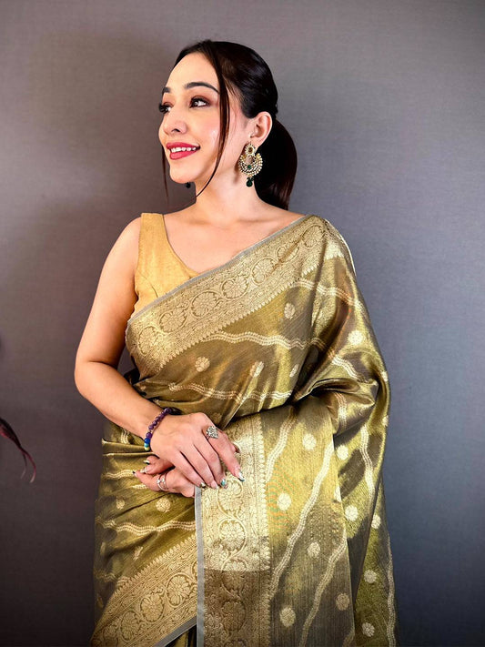 Olive Glass Crush Tissue Leheriya Pattu Saree