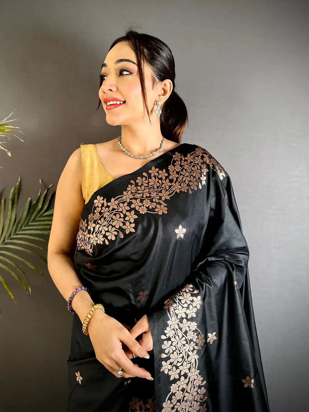 Rose Gold Blossom Soft Satin Silk Pattu Saree
