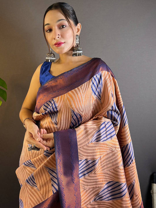 Peach Tussar Silk Zari Weaving Ikkat Pattu Saree