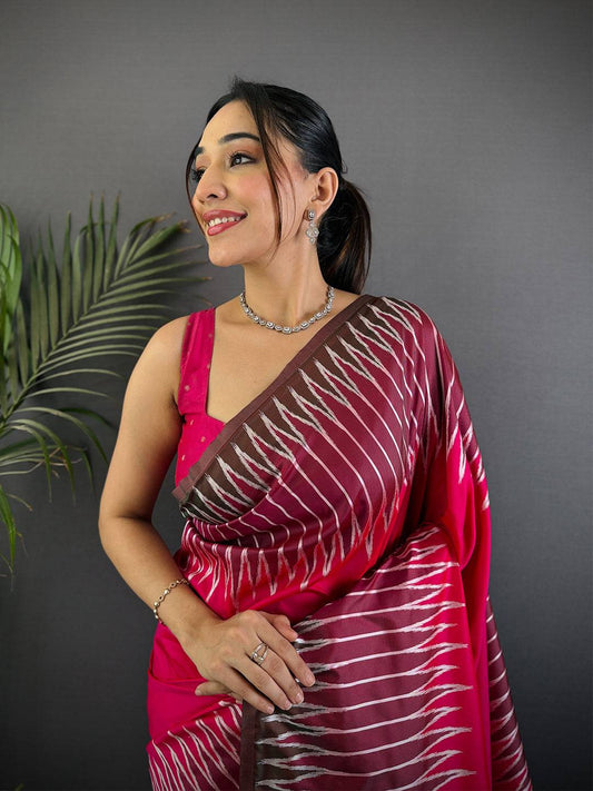 Pink Soft Silk Ikkat Zari Weaving Pattu Saree