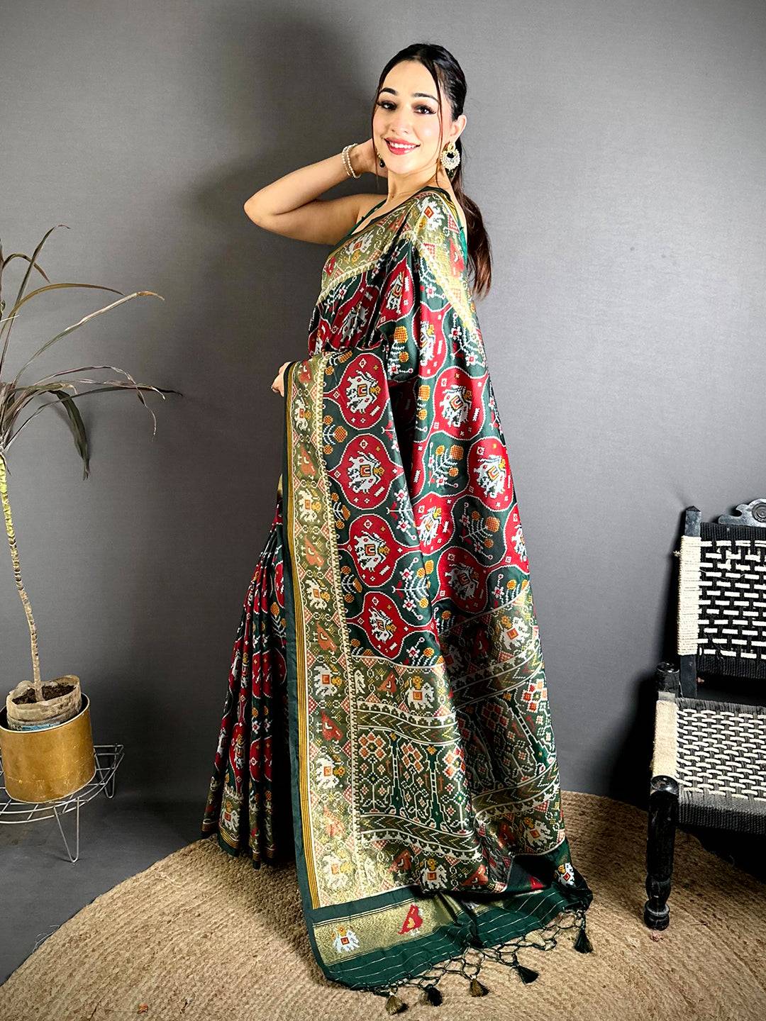 Green Patola Weave Soft Semi Silk Pattu Saree
