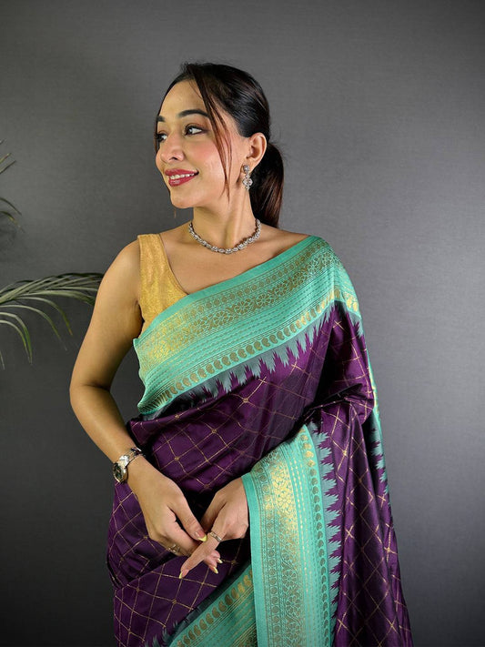 Wine Gold Zari Chex Soft Silk Pattu Saree