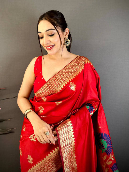Red Banarasi Katan Silk Minakari Pattu Saree