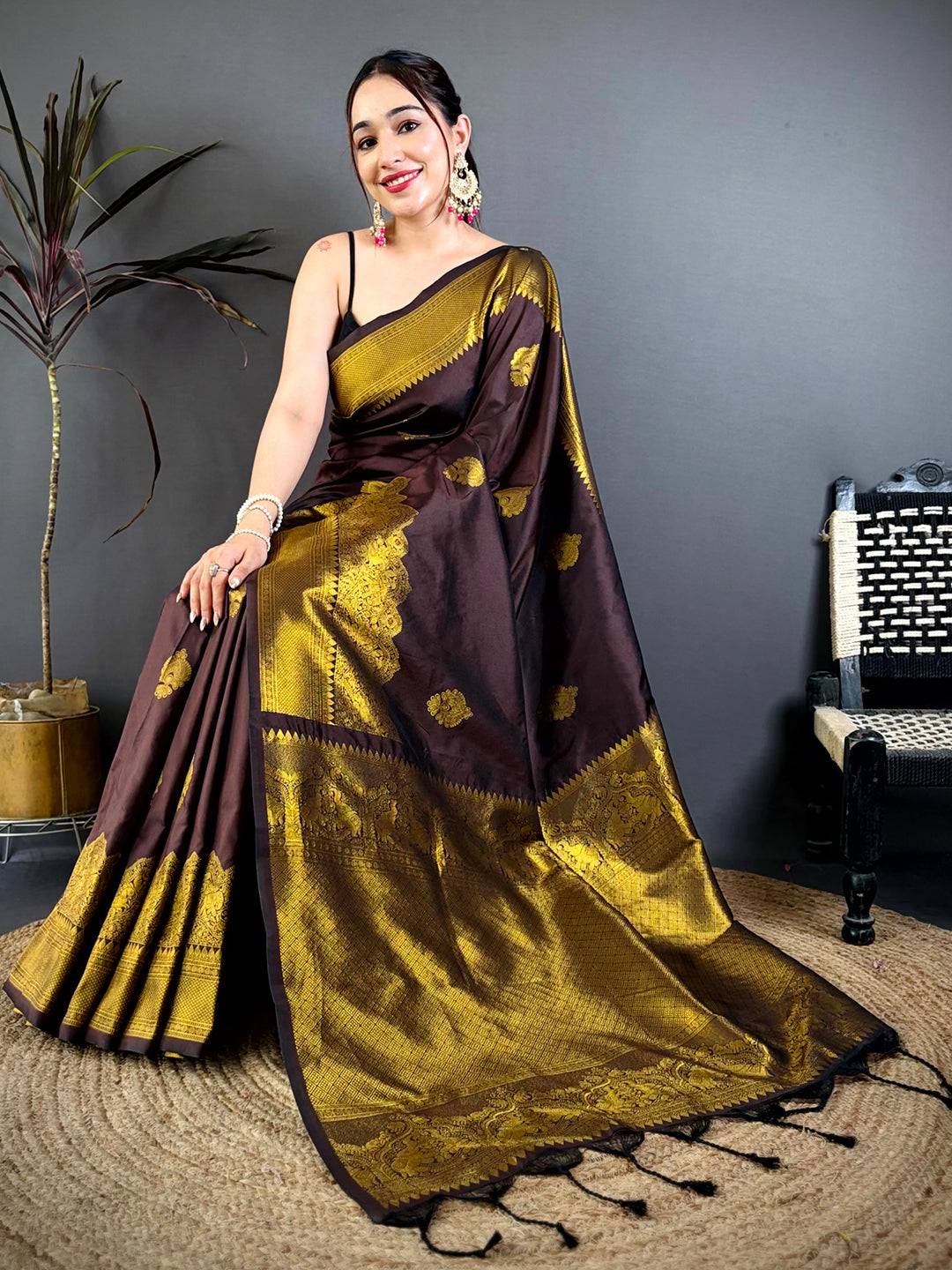 Chocolate Brown Soft Silk Ethnic Motif Pattu Saree