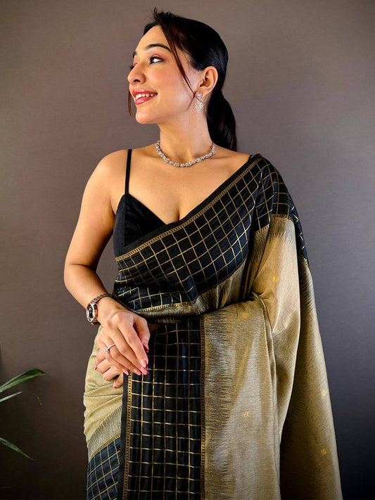 Black Soft Silk Saree With Zari Chex Border Pattu