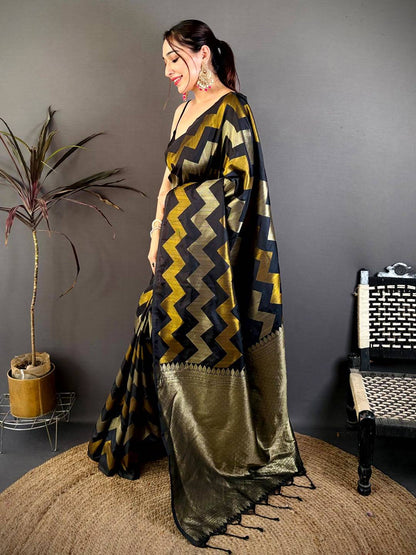 Black Soft Silk Geometric Zigzag Zari Pattu Saree
