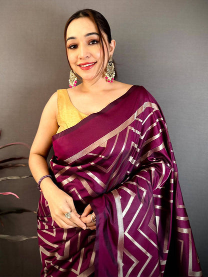 Wine Geometric Zari Weave Banarasi Pattu Saree