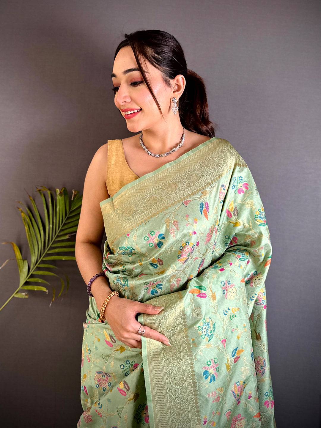 Pista Banarasi Minakari Floral Silk Pattu Saree

