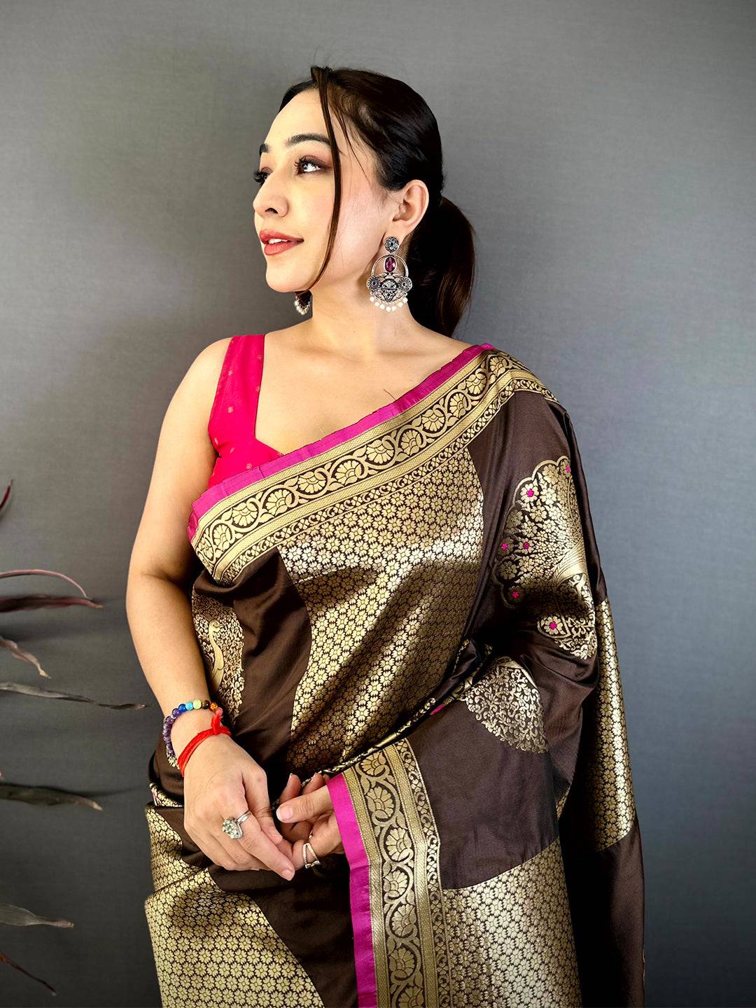 Royal Brown Katan Silk Zari Weave Pattu Saree