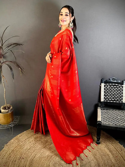 Bright Red Self Zari Check Gadwal Saree - view 2