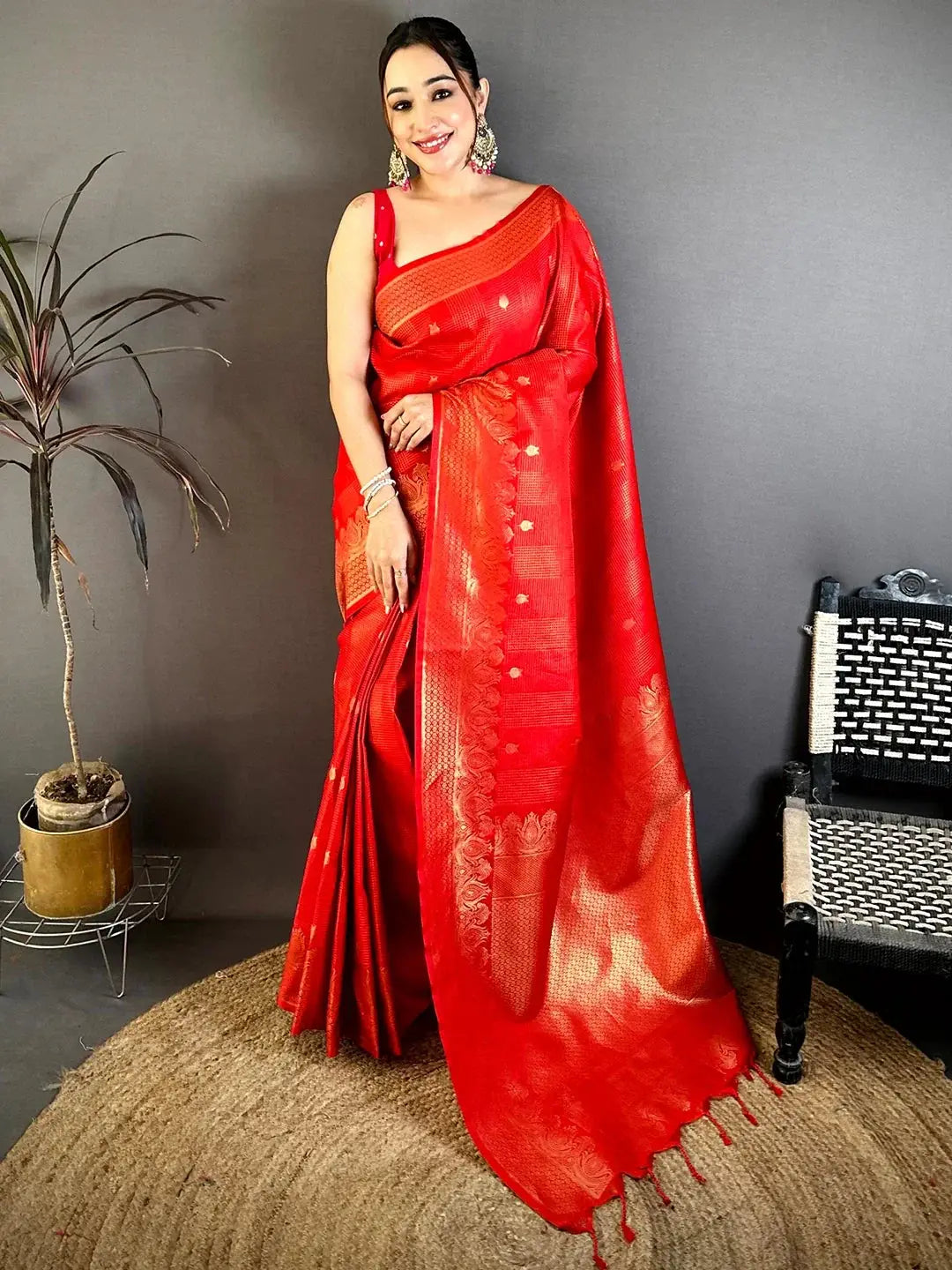 Bright Red Self Zari Check Gadwal Saree - view 3